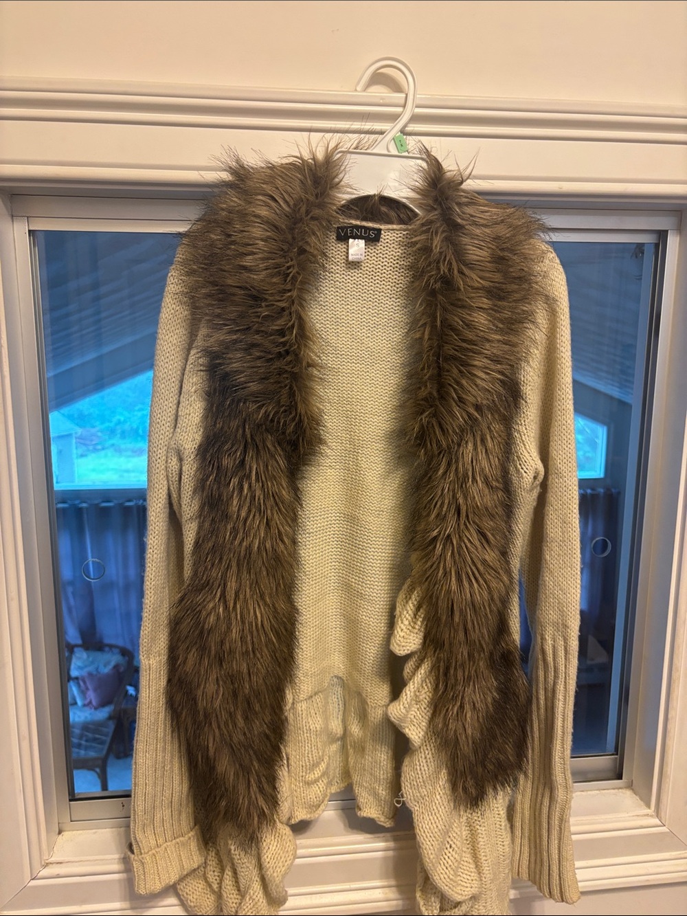 VENUS Cream Knit Cardigan with Brown Faux Fur Trim